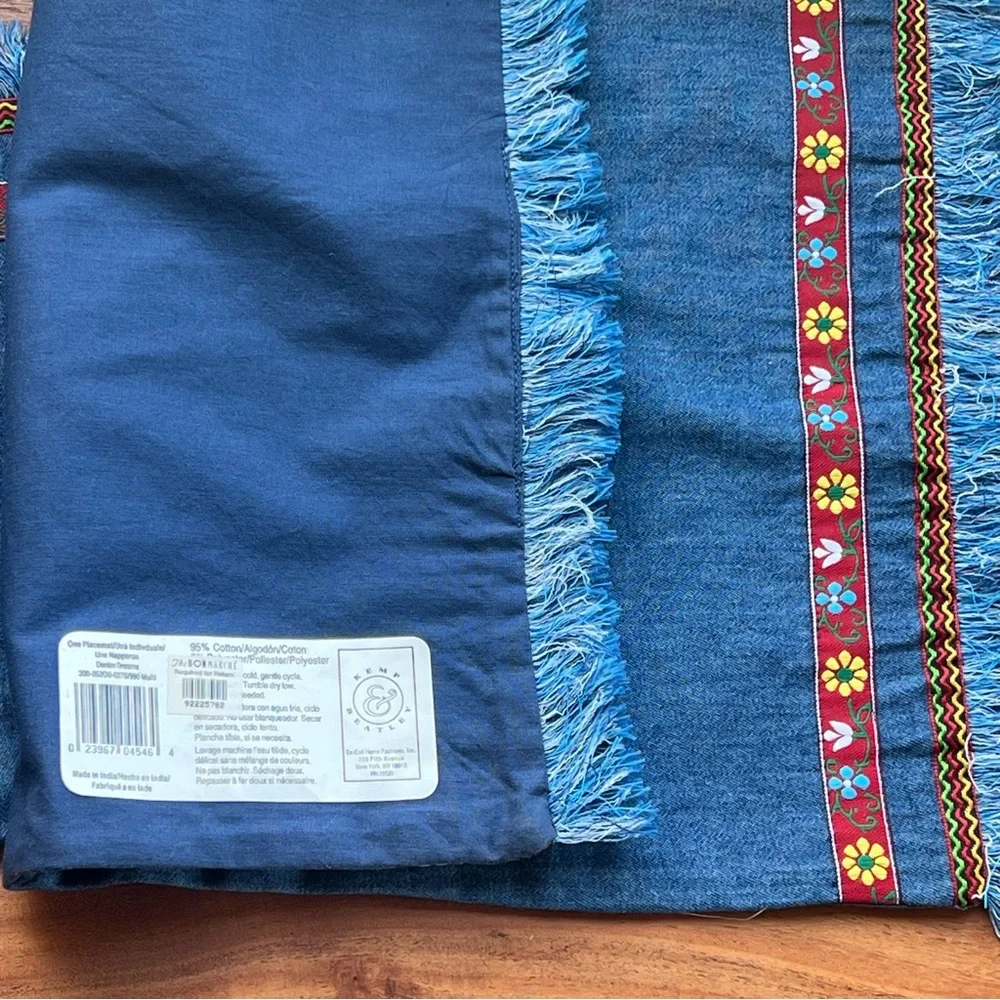 Vintage Boho Denim Placemats Napkins Set Fringe Farmhouse Table Decor NWT